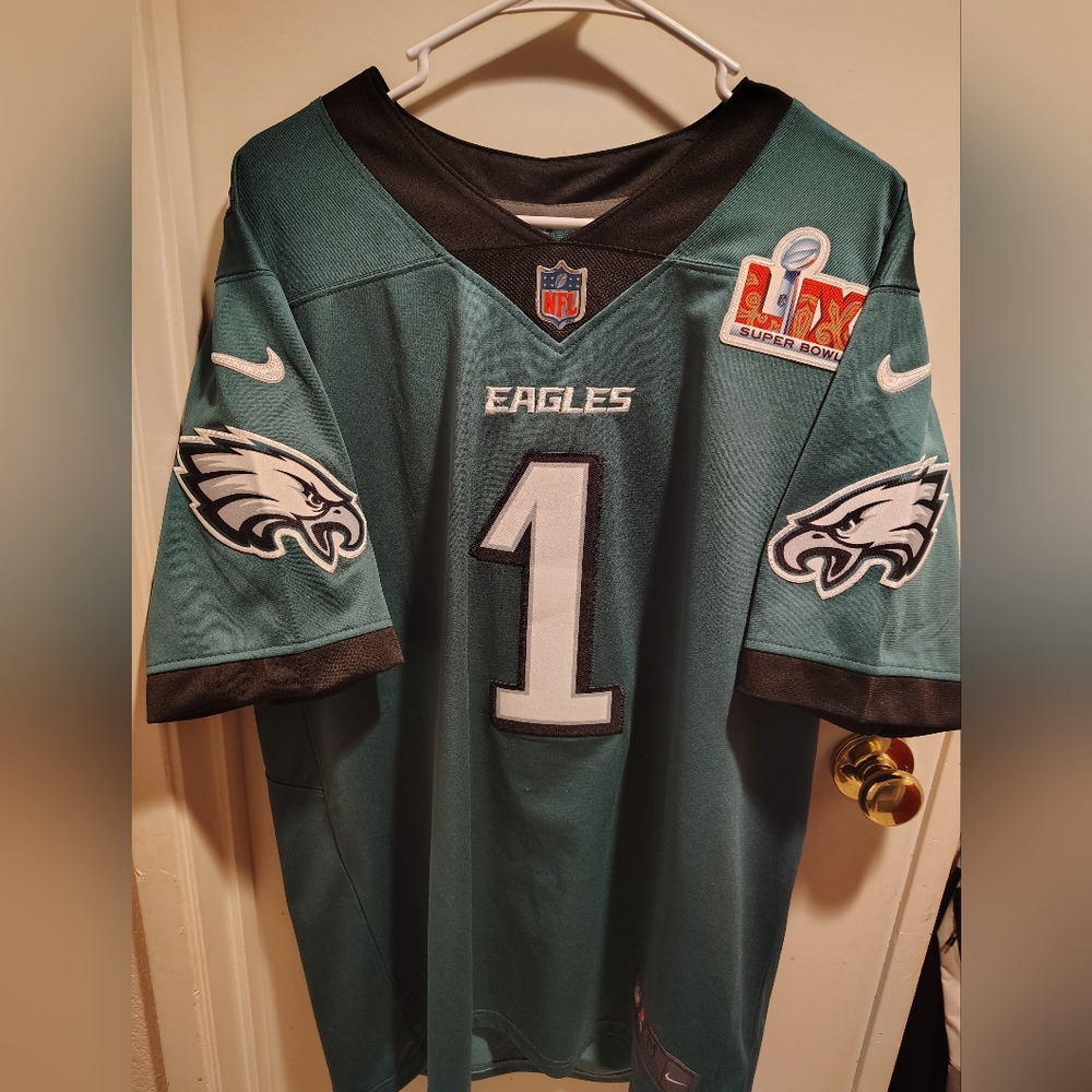 Eagles #1 Jalen Hurts SBLIX PATCH midnight green jersey men's med